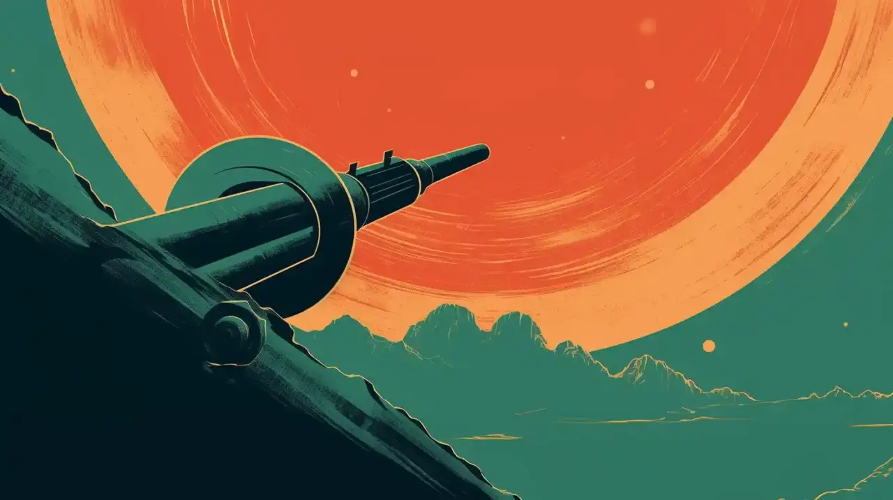 Eine Weltraum-Kanone ist auf den Himmel ausgerichtet.