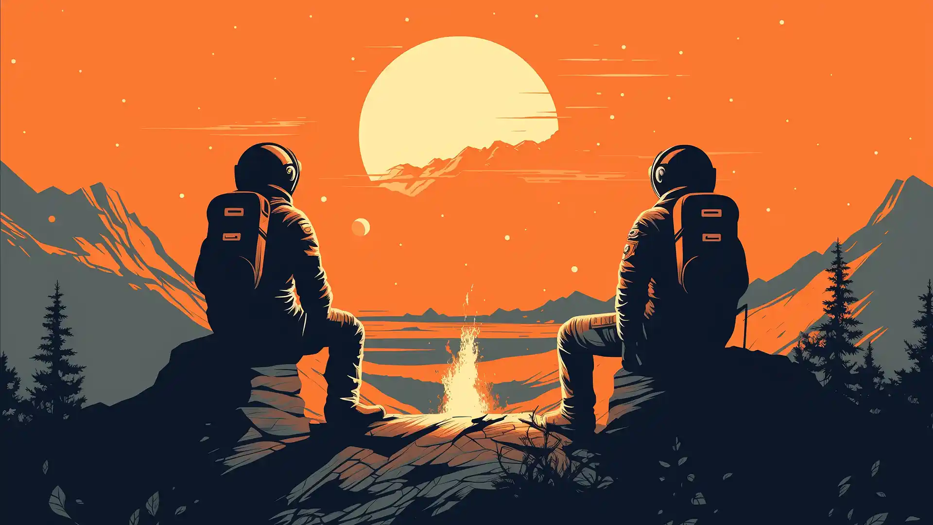 Zwei Astronauten sitzen am Lagerfeuer und erzählen Geschichten