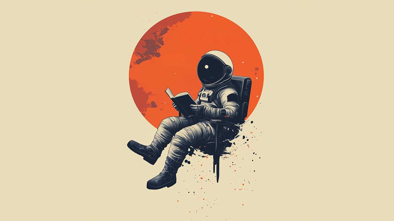 Ein Astronaut schwebt vor einem roten Planeten und liest ein Buch.