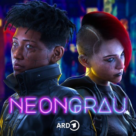 Zwei Cyberpunk-Figuren auf dem Hörspiel-Plakat zu Neongrau.
